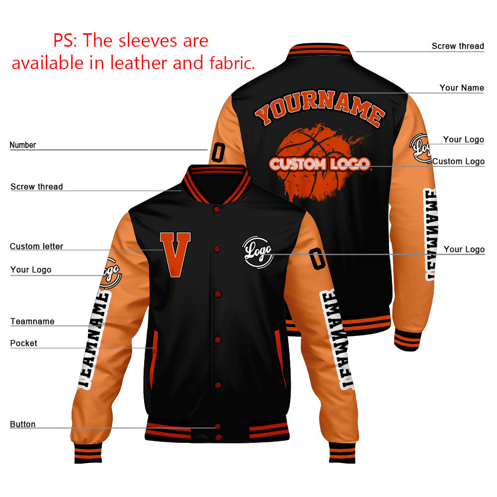 Chaquetas universitarias personalizadas negras y naranja mate para hombres & mujeres y jóvenes & Chaquetas Letterman personalizadas