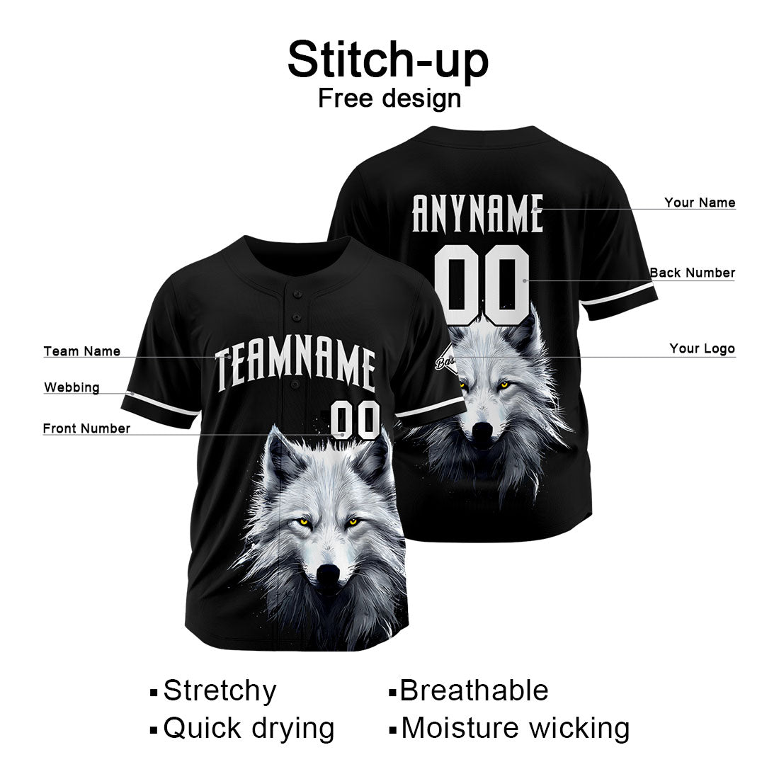 Uniformes de béisbol personalizados Wolf-Black de alta calidad para niños y adultos & optimizados para el rendimiento