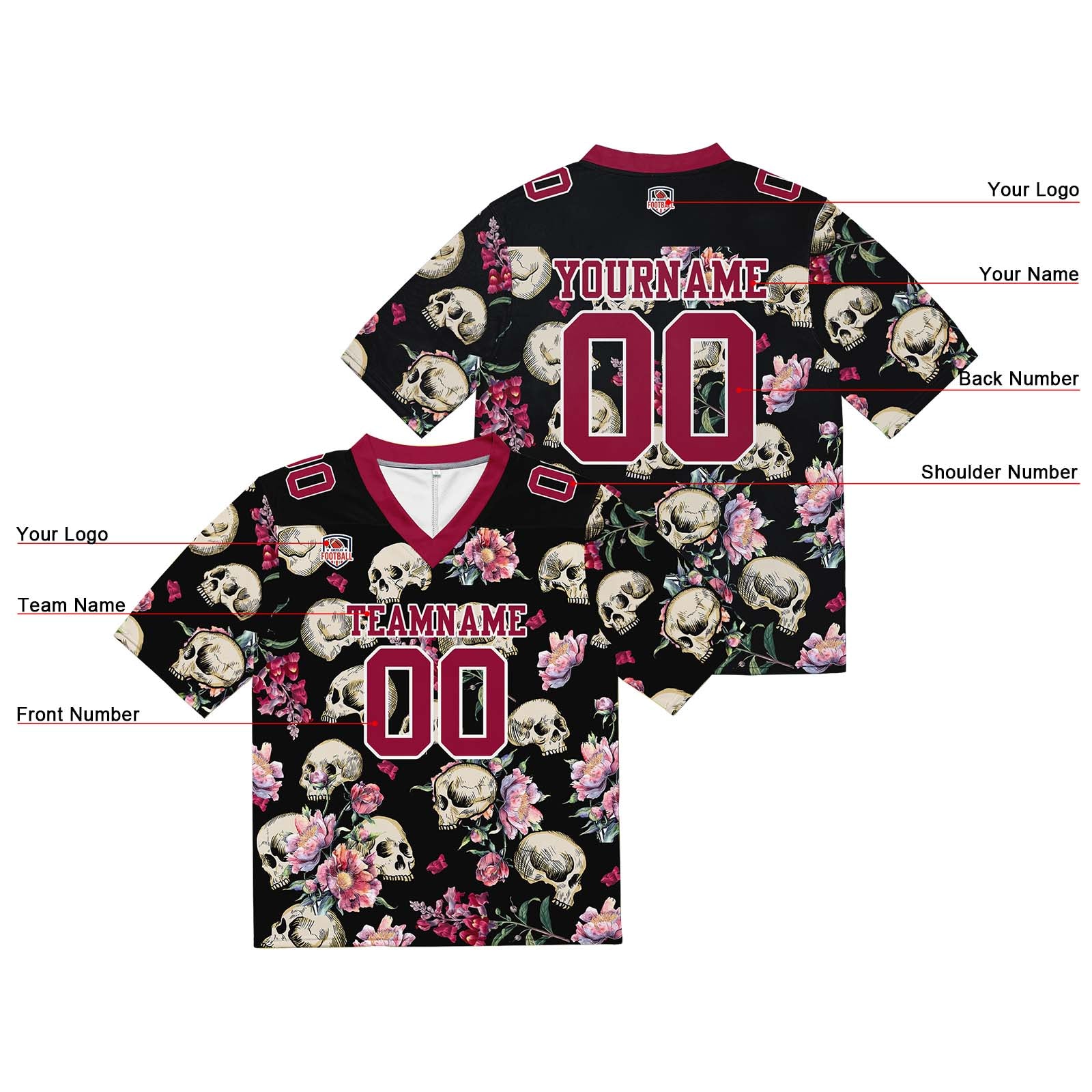Camiseta de fútbol personalizada con nombre y número del equipo bordados y estampados en forma de calavera magenta
