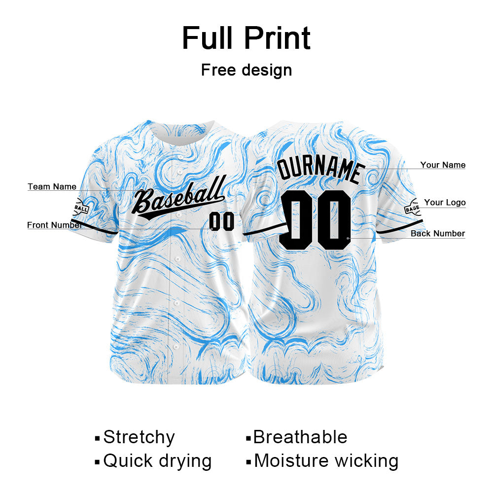 Camiseta de béisbol con dise?o personalizado estampado completo color blanco y azul