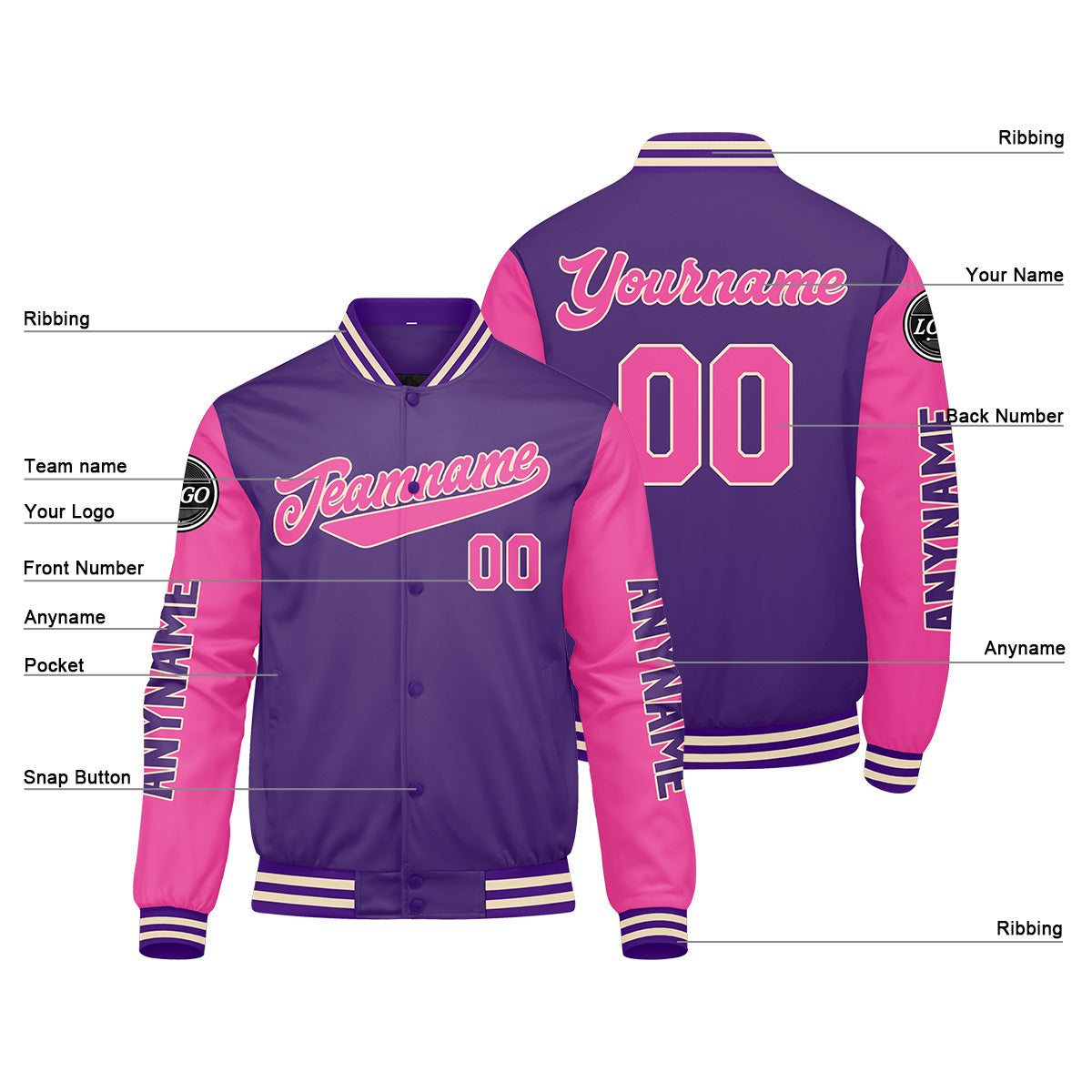 Chaquetas universitarias personalizadas en color morado y rosa para hombres & mujeres y jóvenes & Chaquetas estilo Letterman personalizadas