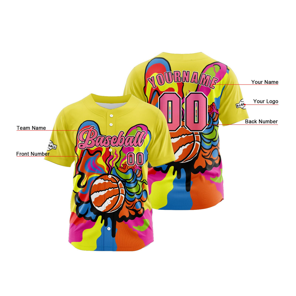 Camiseta de béisbol amarilla personalizada con botones para hombre mujer adulto y joven Estampado de nombre número y logotipo