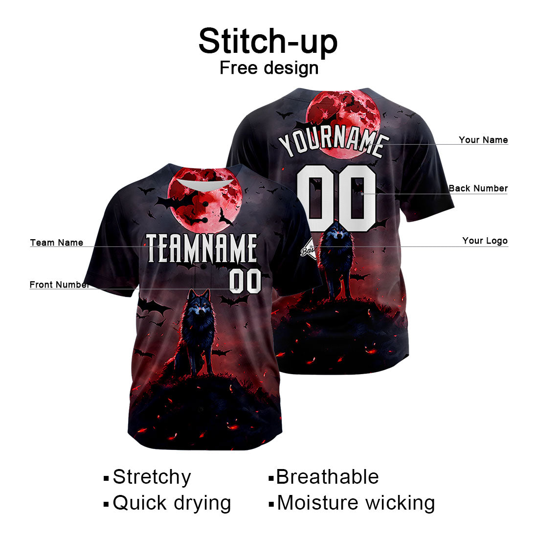 Uniformes de béisbol personalizados Blood Moon Wolf de alta calidad para adultos y niños & optimizados para el rendimiento