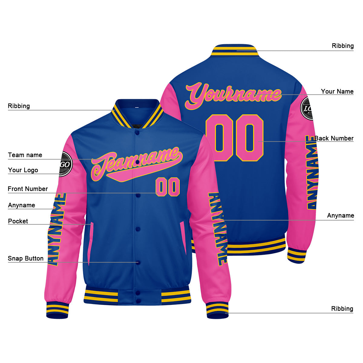 Chaquetas universitarias personalizadas de color rosa real para hombres & mujeres y jóvenes & Chaquetas Letterman personalizadas