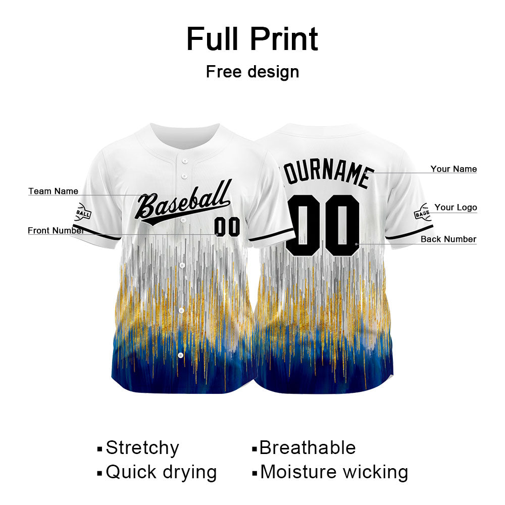 Camiseta de béisbol con dise?o personalizado estampado completo en blanco azul y crema