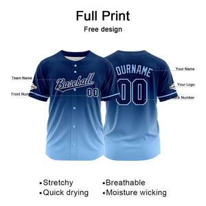 Camiseta de béisbol con dise?o personalizado estampado completo azul claro-azul marino