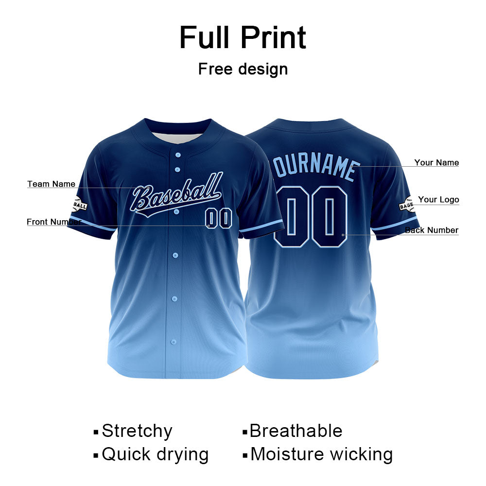 Camiseta de béisbol con dise?o personalizado estampado completo azul claro-azul marino