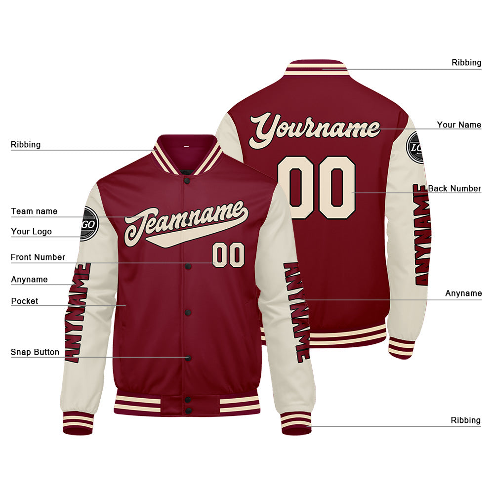 Chaquetas universitarias personalizadas color crema carmesí para hombres & mujeres y jóvenes & Chaquetas Letterman personalizadas
