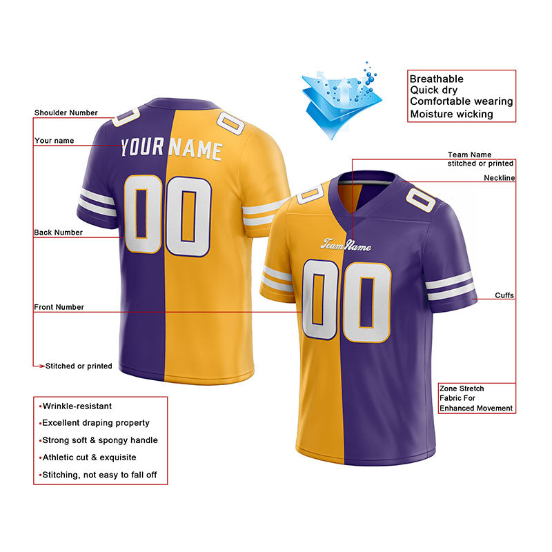 custom authentic split fashion football jersey purple-yellow-white mesh