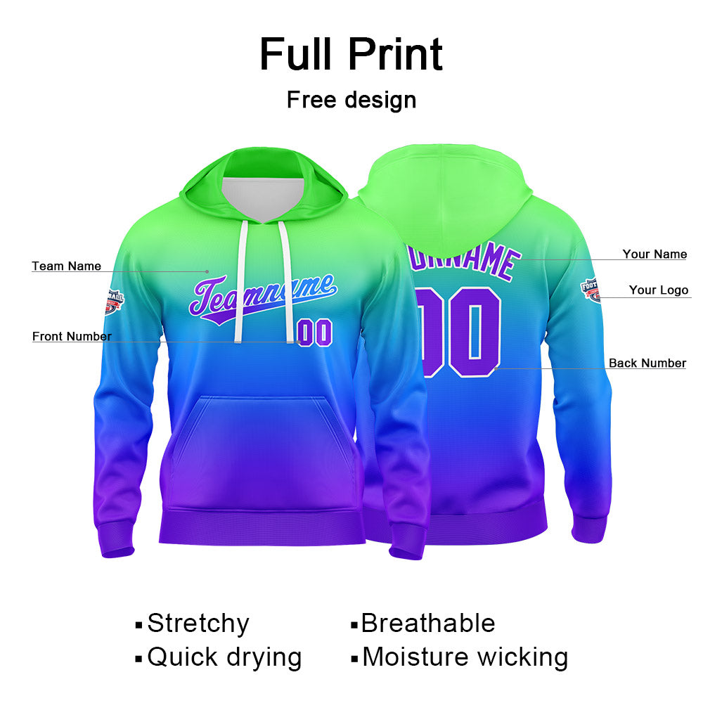 Sudadera con capucha personalizada con degradado para hombre-mujer-niña o niño Estampa tu logotipo-nombre o número en verde-azul o morado