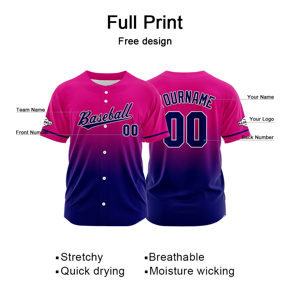 Dise?o personalizado de camiseta de béisbol con estampado completo en fucsia y azul marino