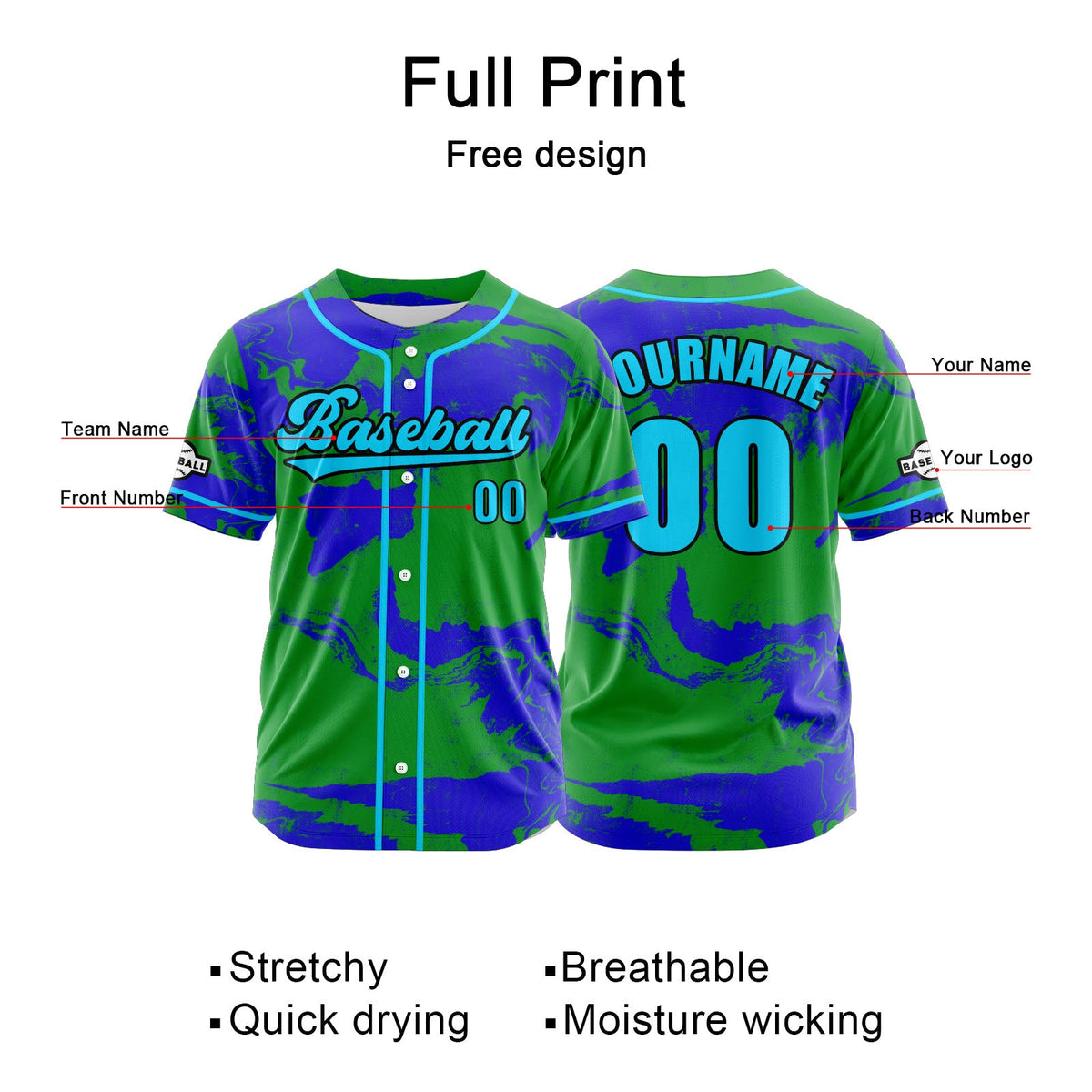 Camiseta de béisbol verde personalizada con botones para hombre mujer adulto y joven Nombre número y logotipo impresos