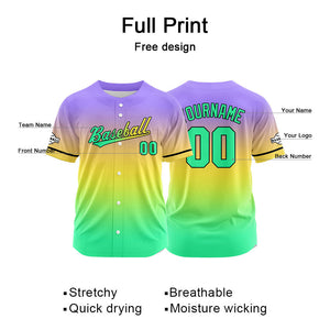 Dise?o personalizado de camiseta de béisbol con estampado completo en verde amarillo y morado