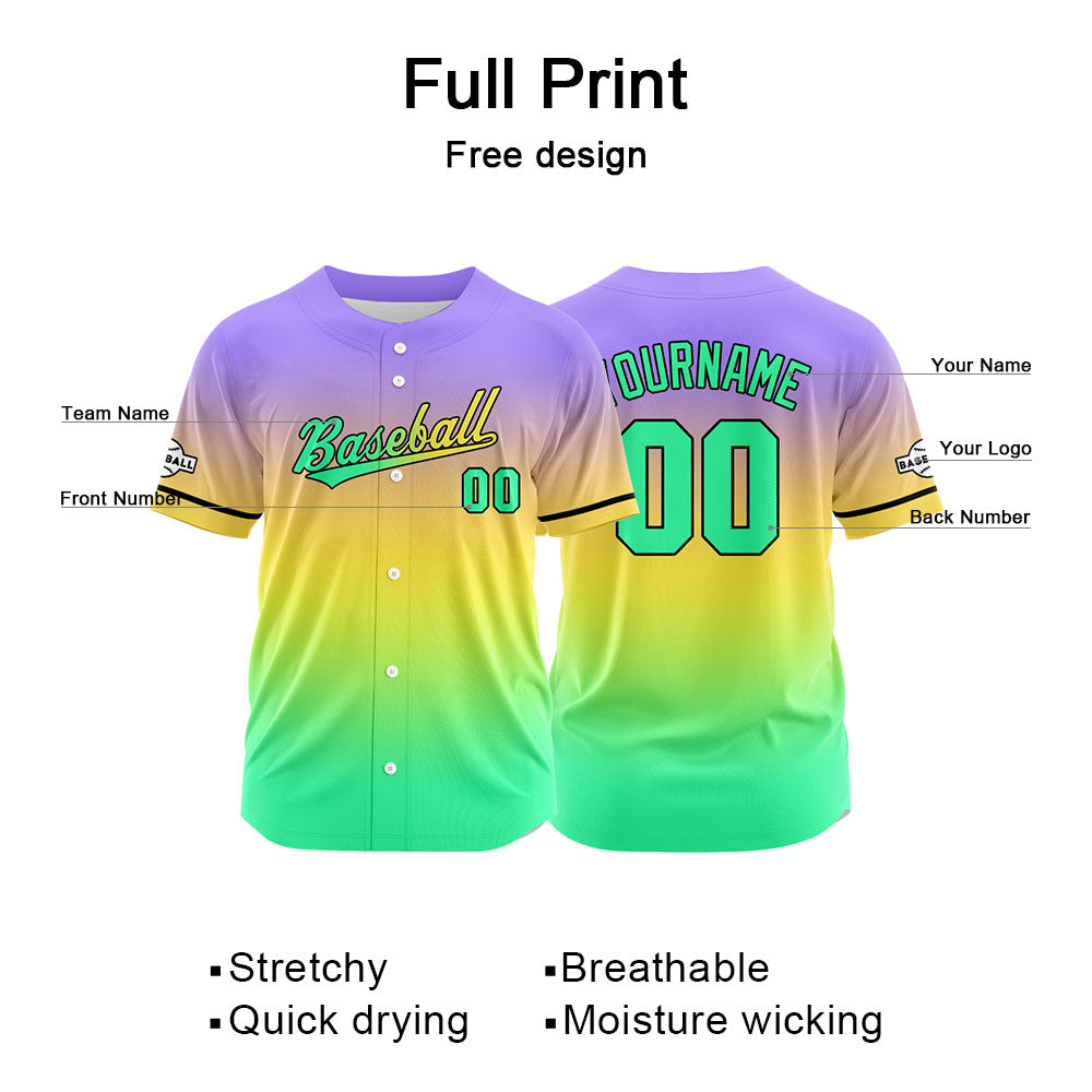 Dise?o personalizado de camiseta de béisbol con estampado completo en verde amarillo y morado