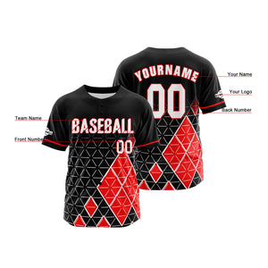 Camiseta de béisbol personalizada negra y roja con botones para hombre mujer adulto y joven Estampado de nombre número y logotipo