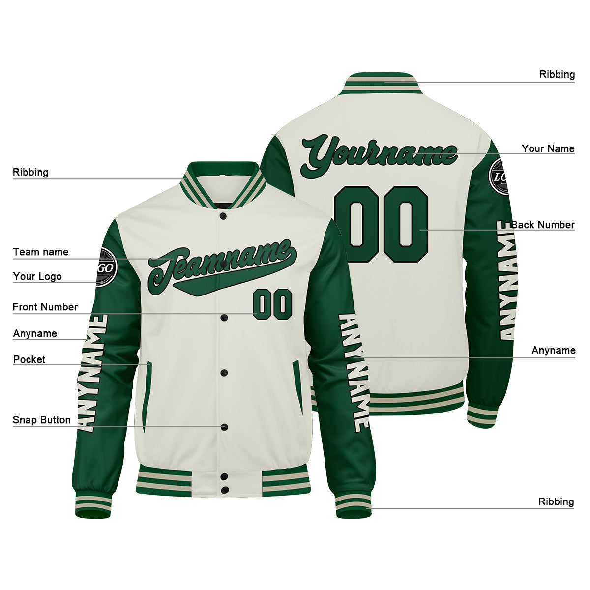 Chaquetas universitarias personalizadas de color verde crema para hombres & mujeres y jóvenes & Chaquetas Letterman personalizadas