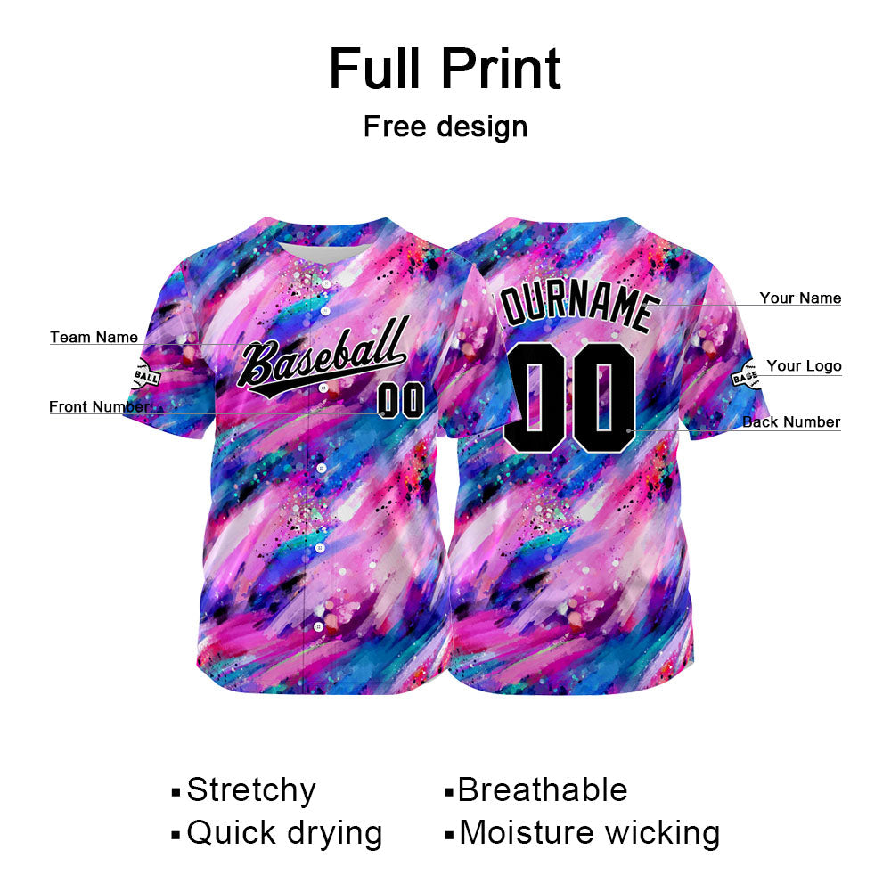 Camiseta de béisbol con dise?o personalizado estampado completo en rosa y azul