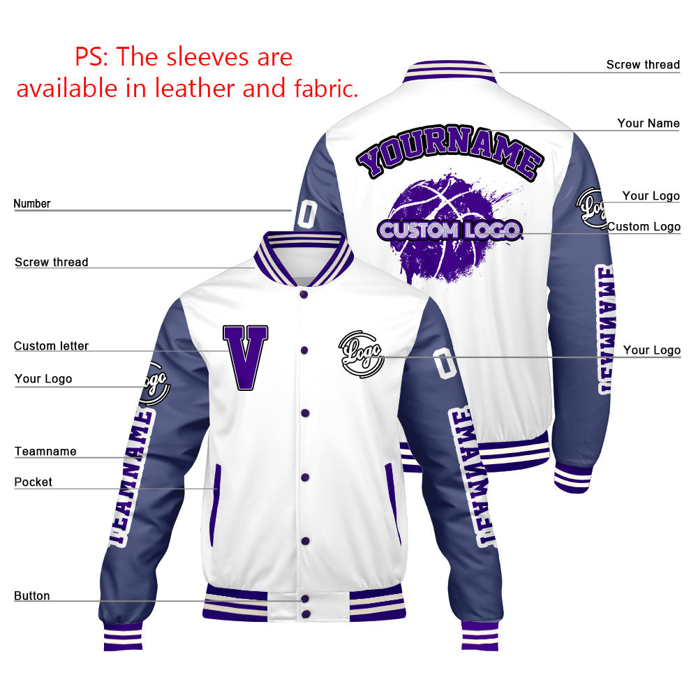 Chaquetas universitarias blancas y moradas personalizadas para hombres & mujeres y jóvenes & Chaquetas Letterman personalizadas