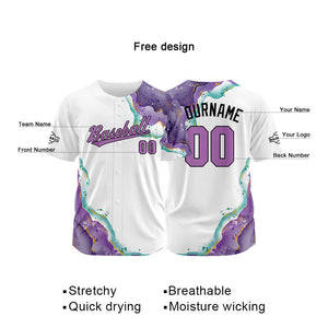 Dise?o personalizado de camiseta de béisbol con estampado completo en blanco morado y verde