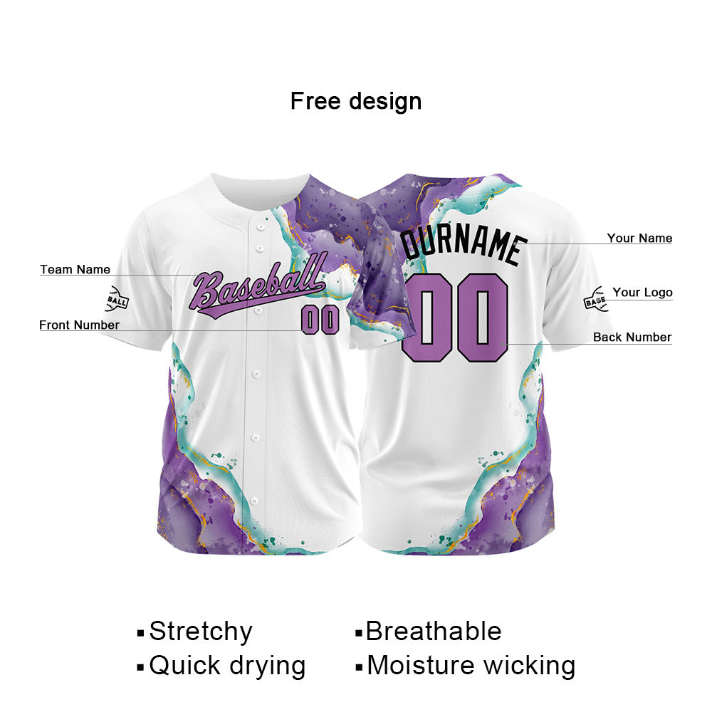 Dise?o personalizado de camiseta de béisbol con estampado completo en blanco morado y verde