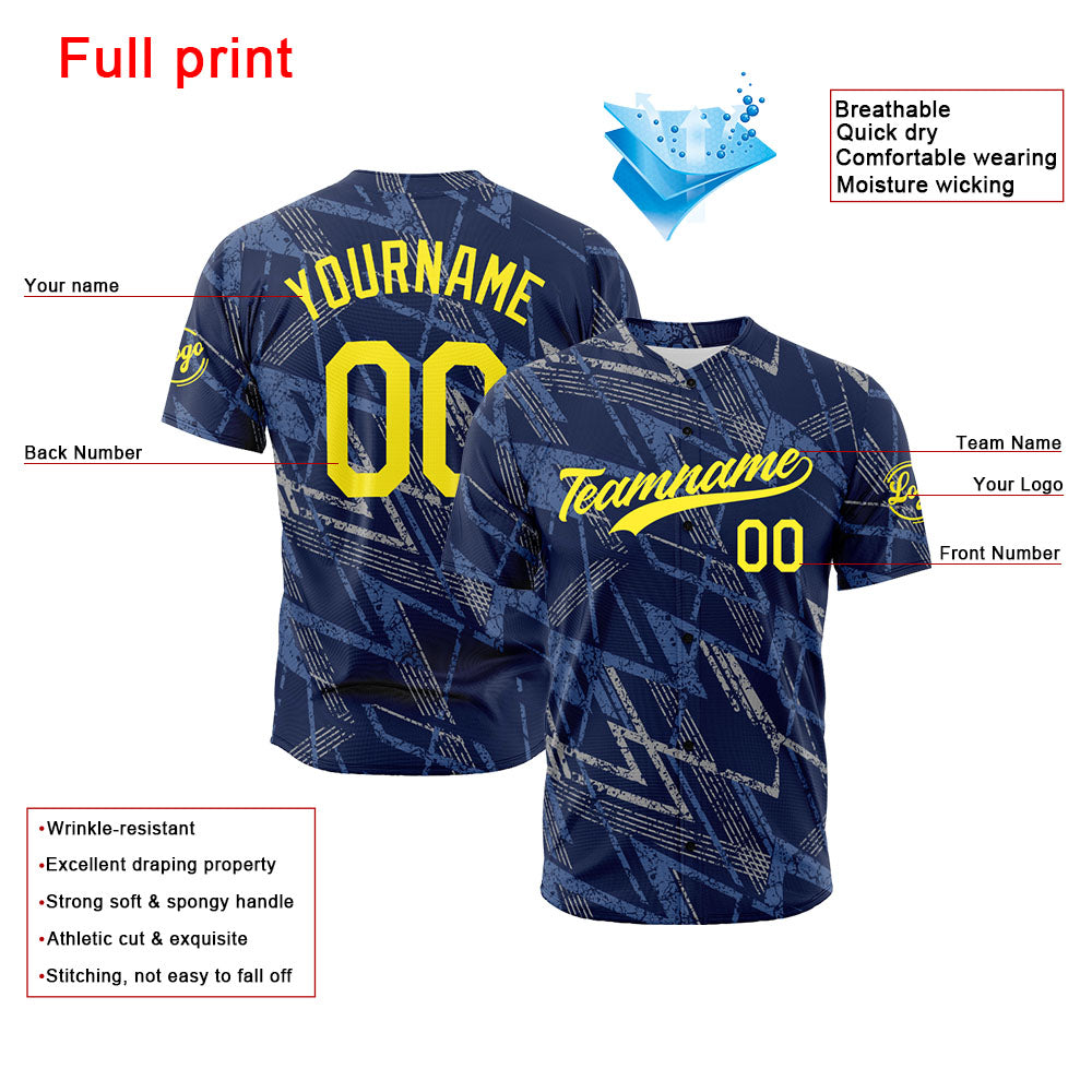 Camiseta de béisbol con dise?o personalizado estampado completo azul marino y gris