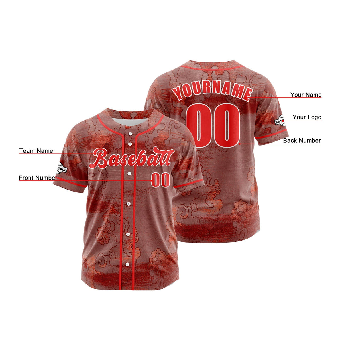 Camiseta de béisbol personalizada de color rojo oscuro con botones para hombre mujer adulto y joven Estampado de nombre número y logotipo