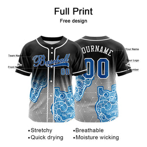 Camiseta de béisbol personalizada negra y azul con botones para hombre mujer adulto y joven Estampado de nombre número y logotipo