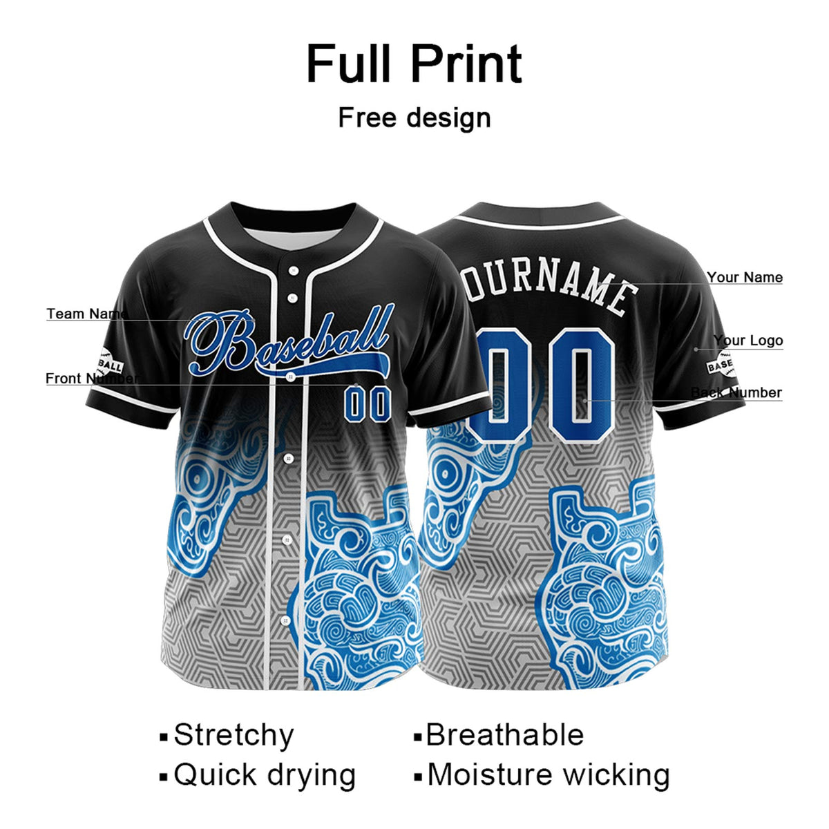 Camiseta de béisbol personalizada negra y azul con botones para hombre mujer adulto y joven Estampado de nombre número y logotipo