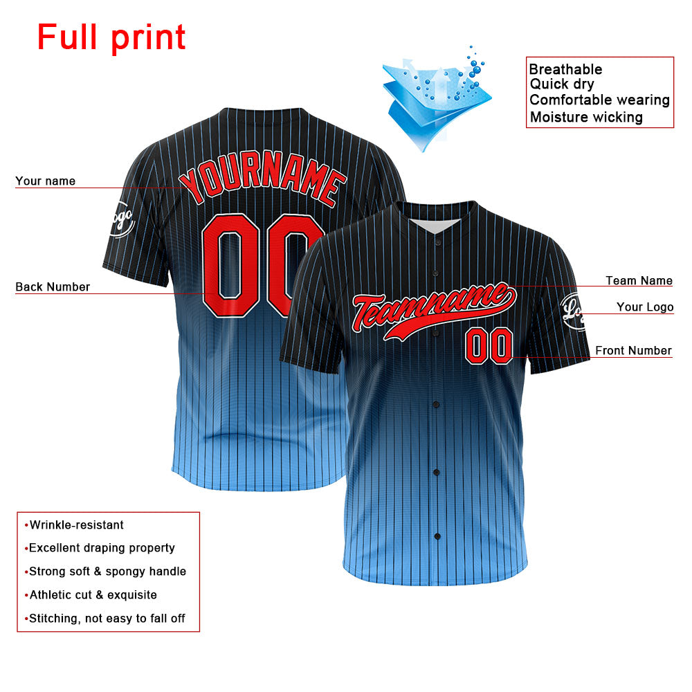 Camiseta de béisbol con dise?o personalizado estampado completo color negro y azul claro