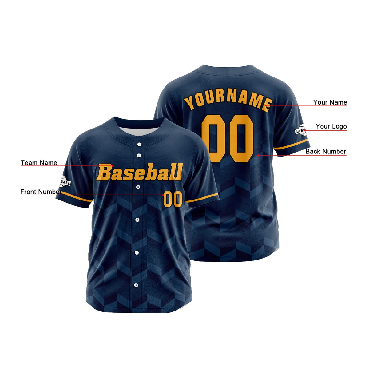 Camiseta de béisbol azul marino personalizada con botones para hombre mujer adulto y joven Nombre número y logotipo impresos
