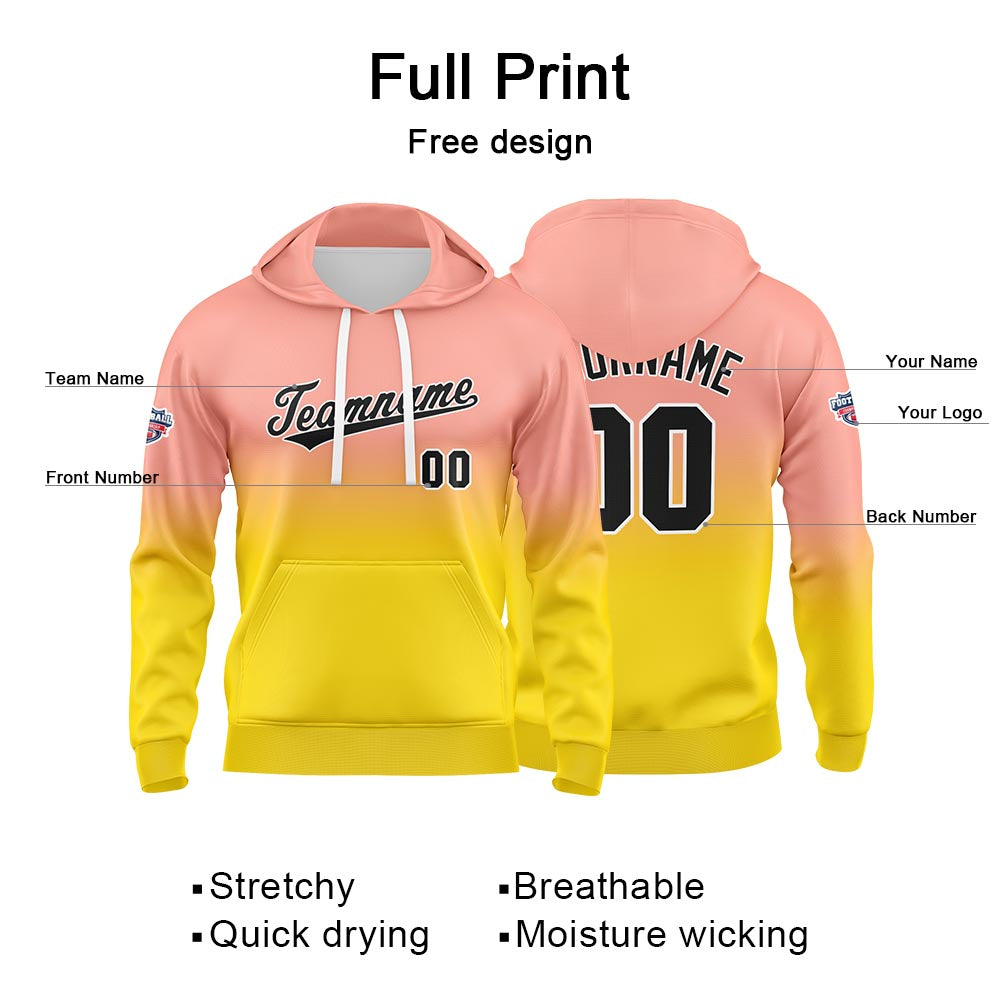 Sudadera con capucha personalizada con degradado para hombre-mujer-niña o niño Estampa tu logotipo-nombre o número en rosa claro y amarillo