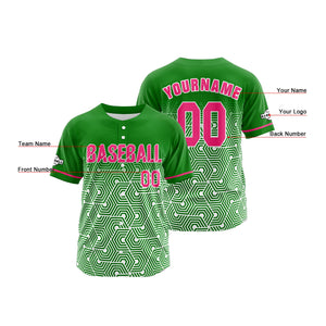 Camiseta de béisbol personalizada verde y rosa con botones para hombre mujer adulto y joven Estampado de nombre número y logotipo
