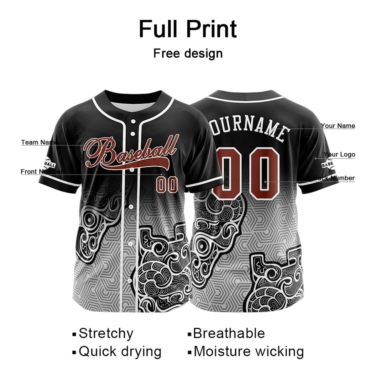 Camiseta de béisbol personalizada negra y gris con botones para hombre mujer adulto y joven Estampado de nombre número y logotipo