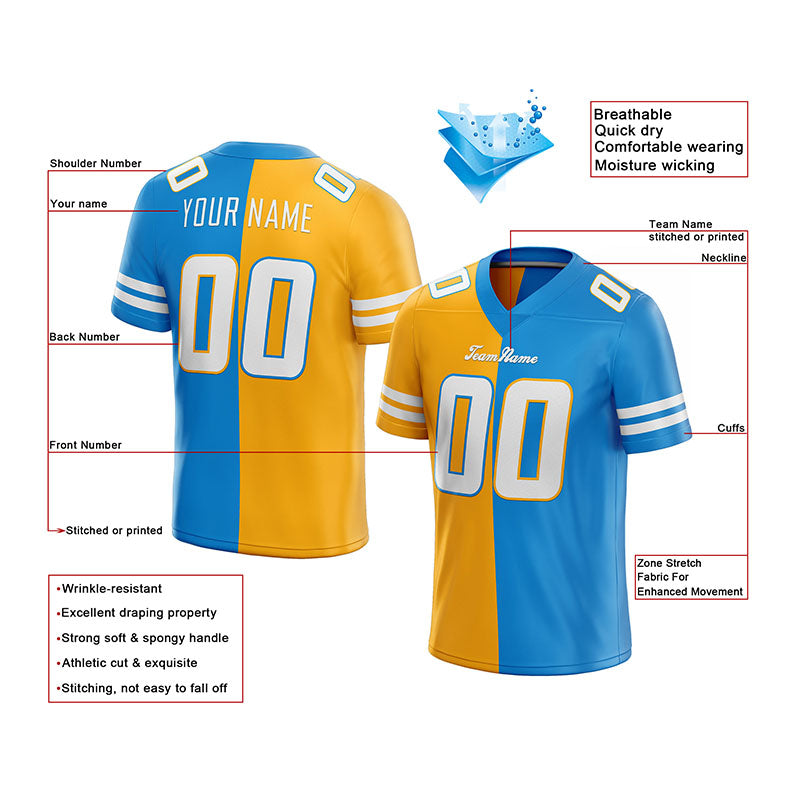 custom authentic split fashion football jersey light blue-yellow-white mesh