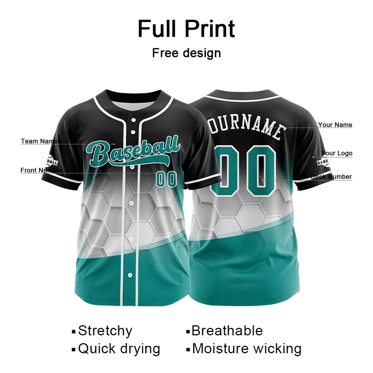 Camiseta de béisbol personalizada negra y cian con botones para hombre mujer adulto y joven Estampado de nombre número y logotipo