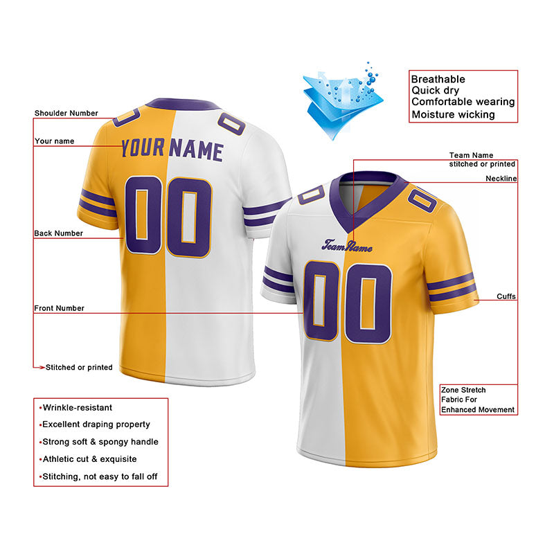 custom authentic split fashion football jersey purple-white-yellow mesh