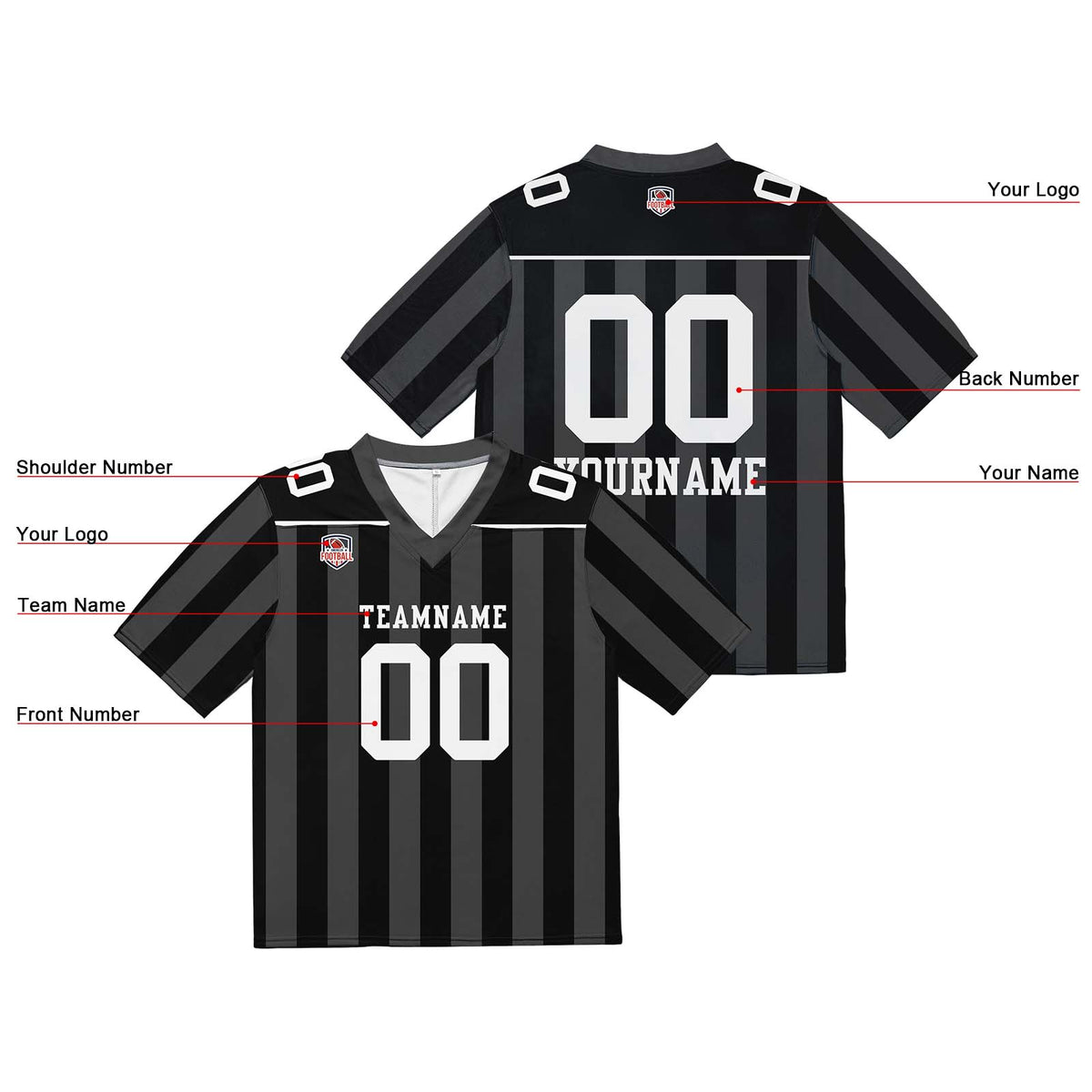 Camiseta de fútbol personalizada con nombre y número del equipo bordados-color negro y gris