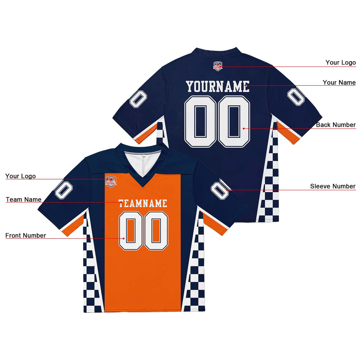 Camiseta de fútbol personalizada con nombre y número del equipo bordados-color azul marino y naranja