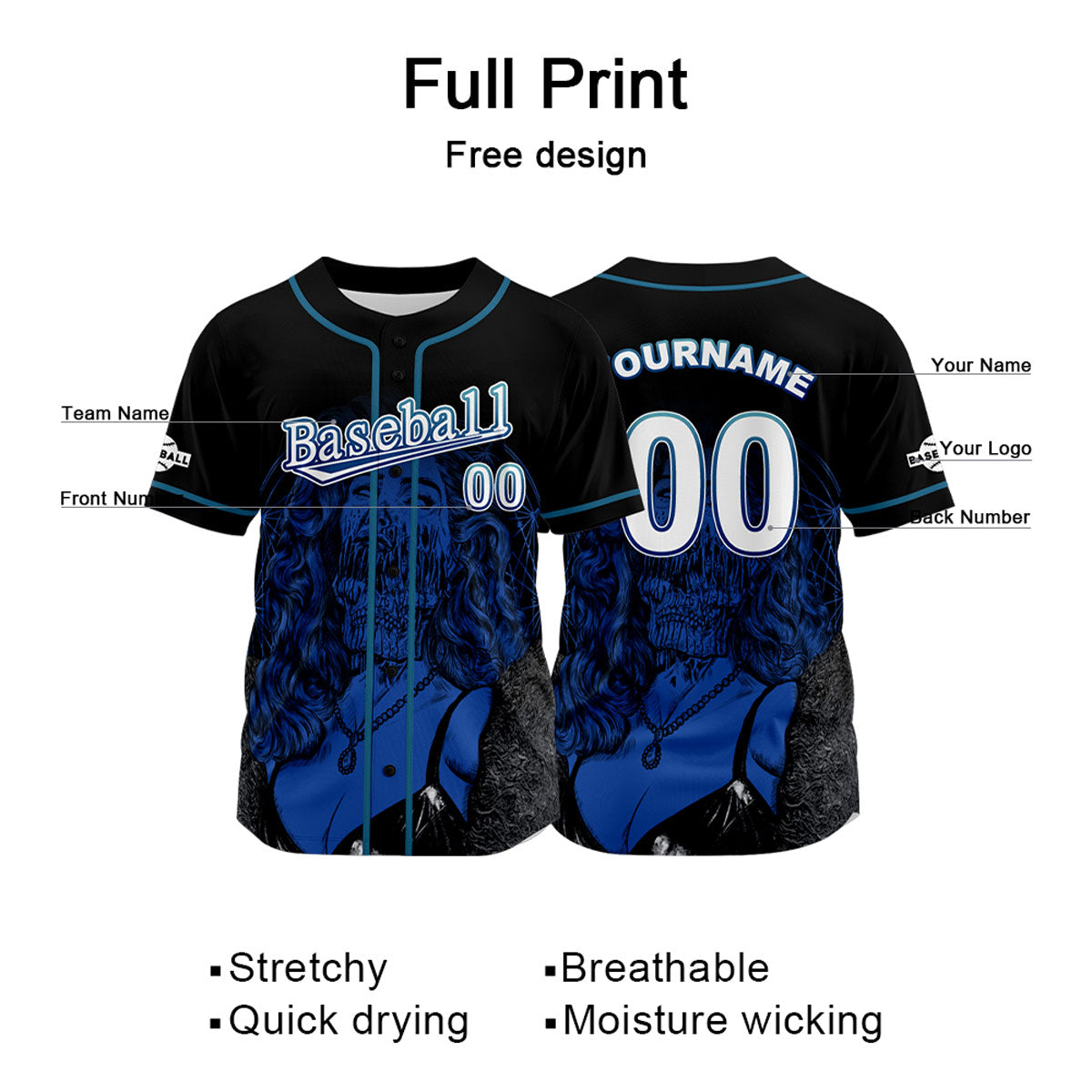 Camiseta de béisbol negra personalizada con nombre número y logotipo personalizados
