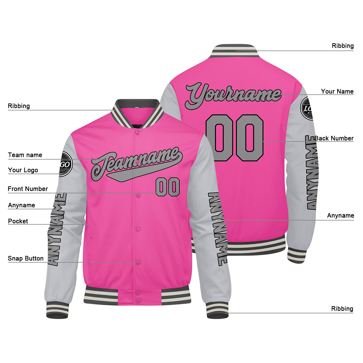 Chaquetas universitarias personalizadas en rosa y gris para hombres & mujeres y jóvenes & Chaquetas estilo Letterman personalizadas