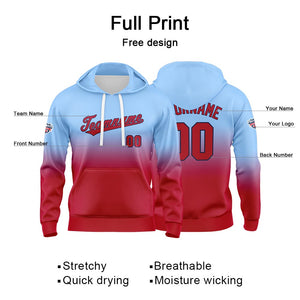 Sudadera con capucha personalizada con degradado para hombre-mujer-niña o niño Estampa tu logotipo-nombre o número en azul claro y rojo