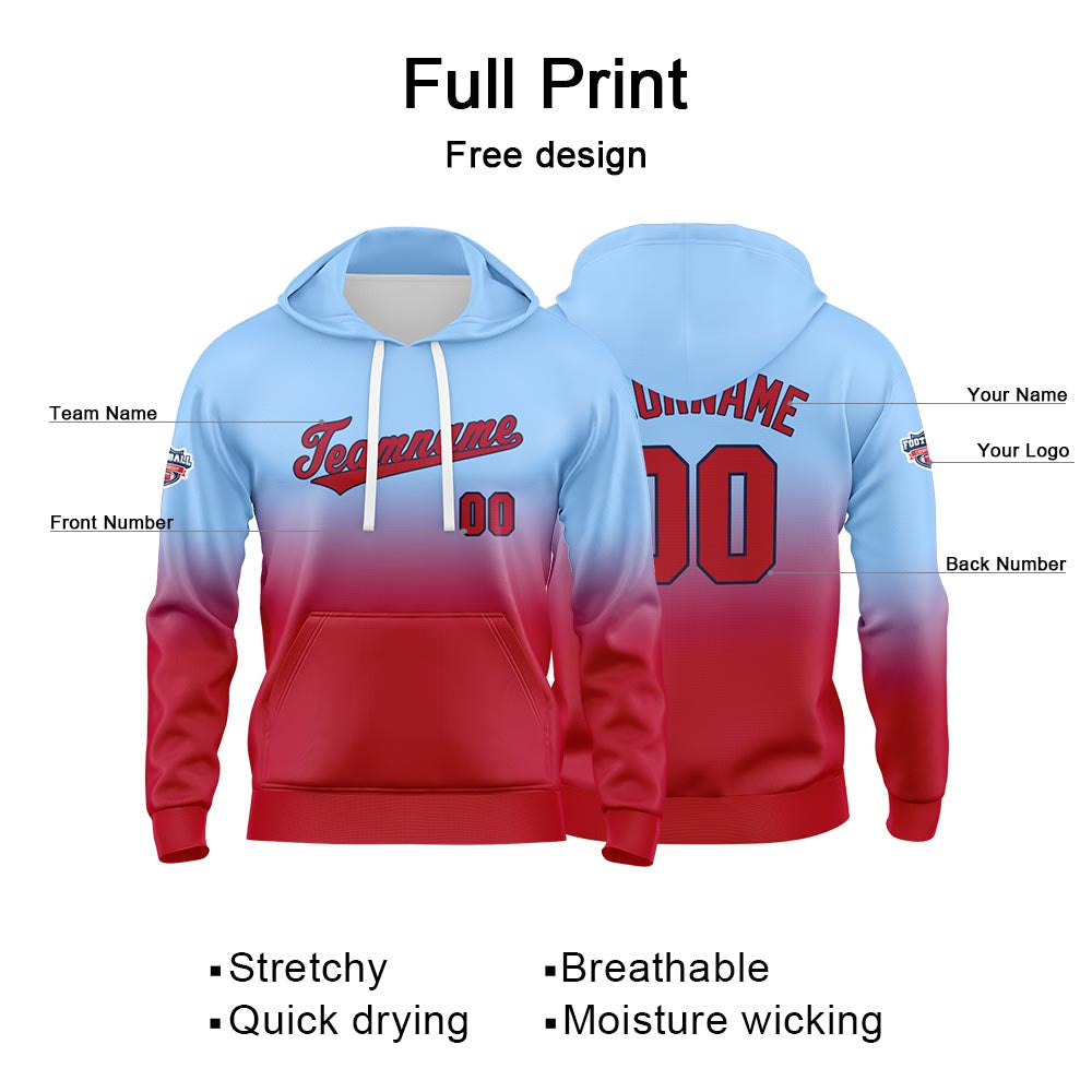 Sudadera con capucha personalizada con degradado para hombre-mujer-niña o niño Estampa tu logotipo-nombre o número en azul claro y rojo