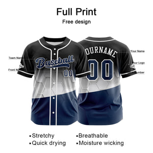 Camiseta de béisbol personalizada negra y azul con botones para hombre mujer adulto y joven Estampado de nombre número y logotipo