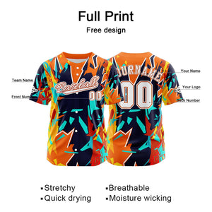 Camiseta de béisbol personalizada naranja y azul oscuro con botones para hombre mujer adulto y joven Estampado de nombre número y logotipo