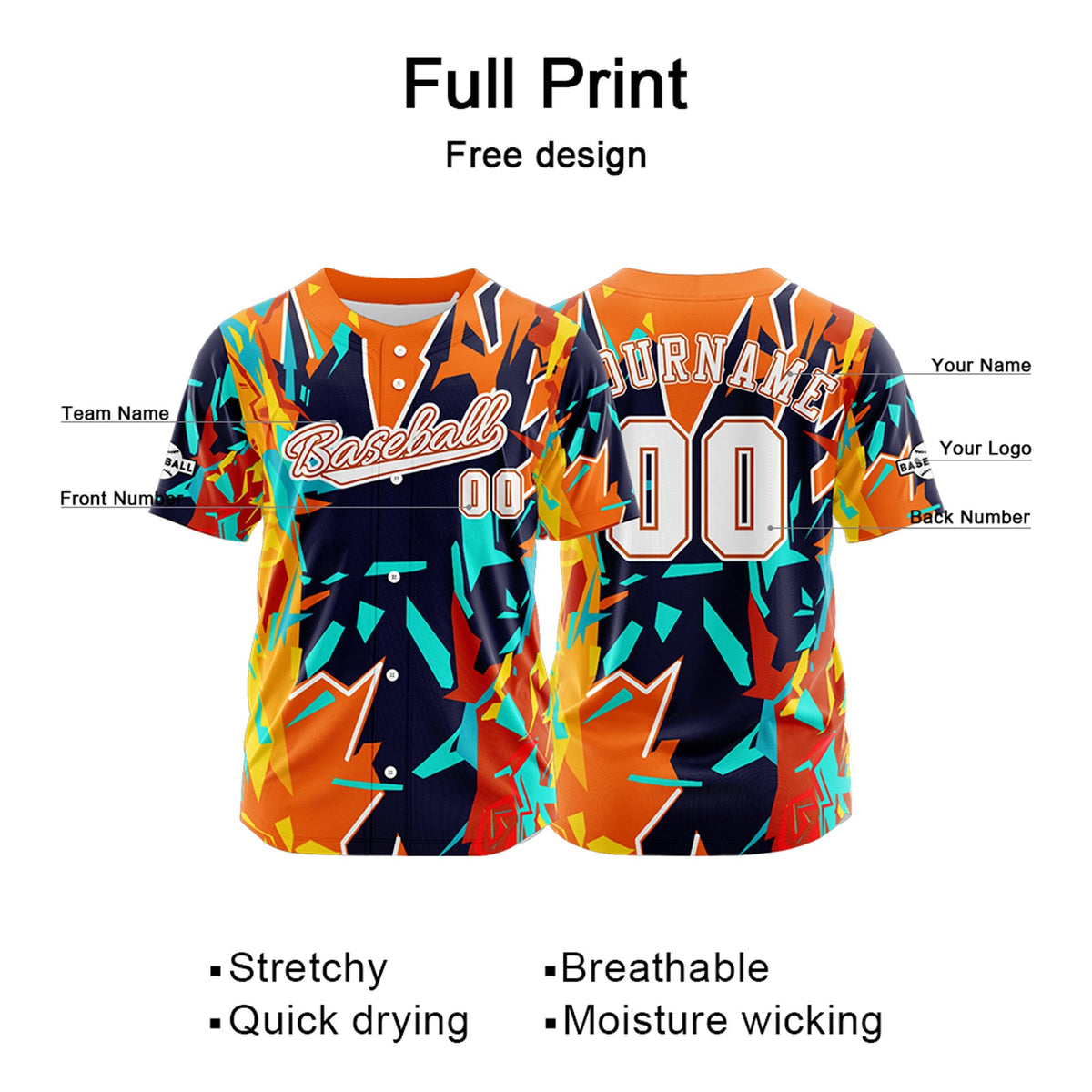 Camiseta de béisbol personalizada naranja y azul oscuro con botones para hombre mujer adulto y joven Estampado de nombre número y logotipo