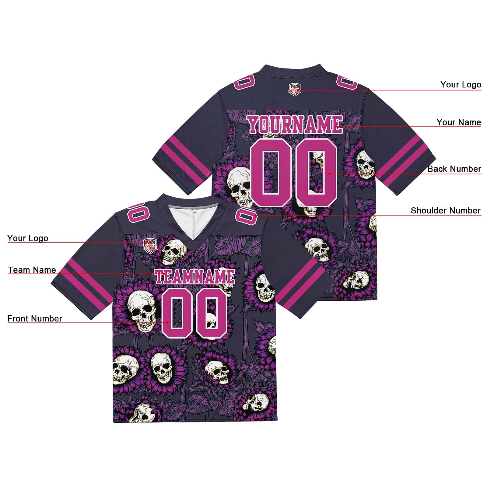Camiseta de fútbol personalizada con nombre y número del equipo bordados-color girasol-rosa