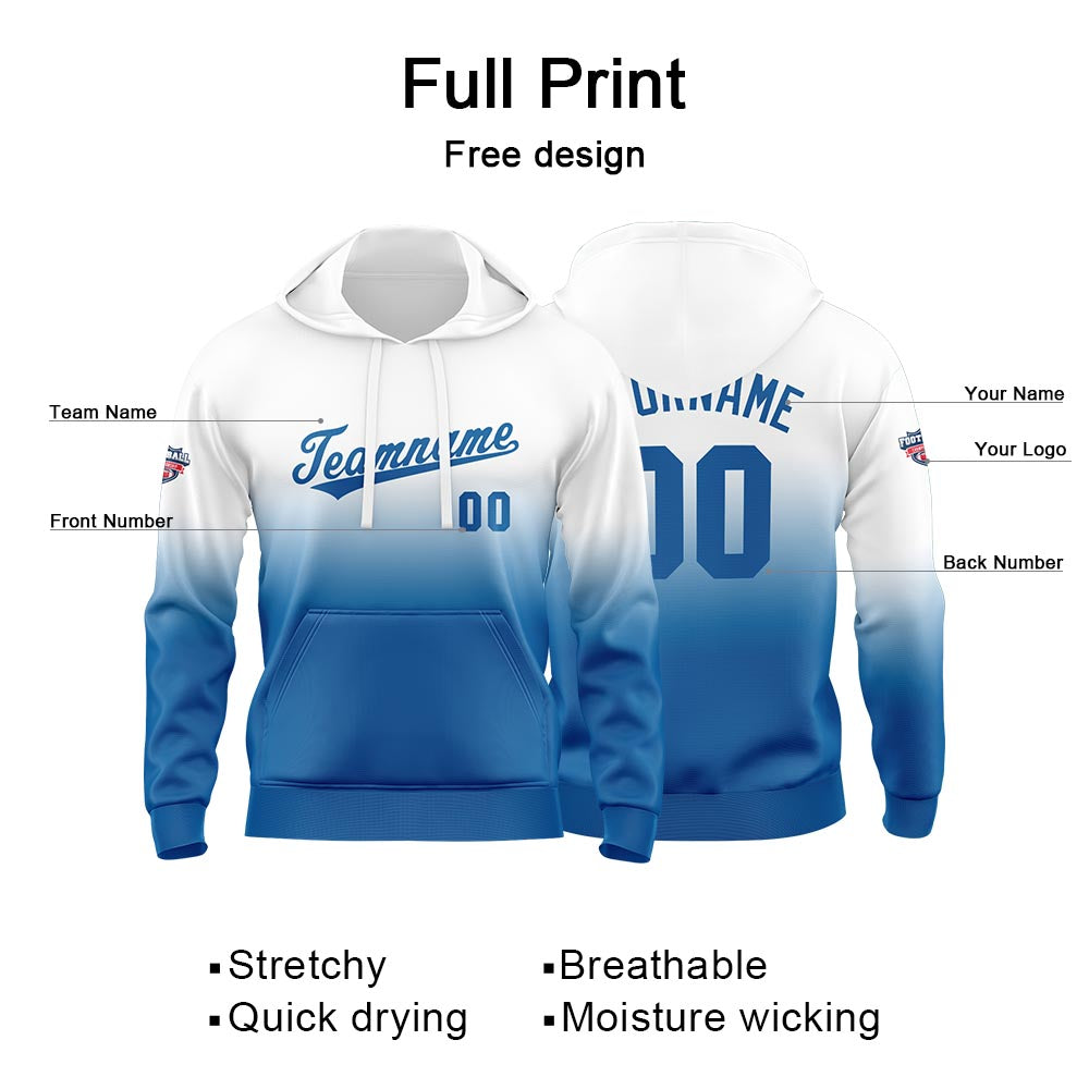 Sudadera con capucha personalizada con degradado para hombre-mujer-niña o niño Estampa tu logotipo-nombre o número en blanco y azul