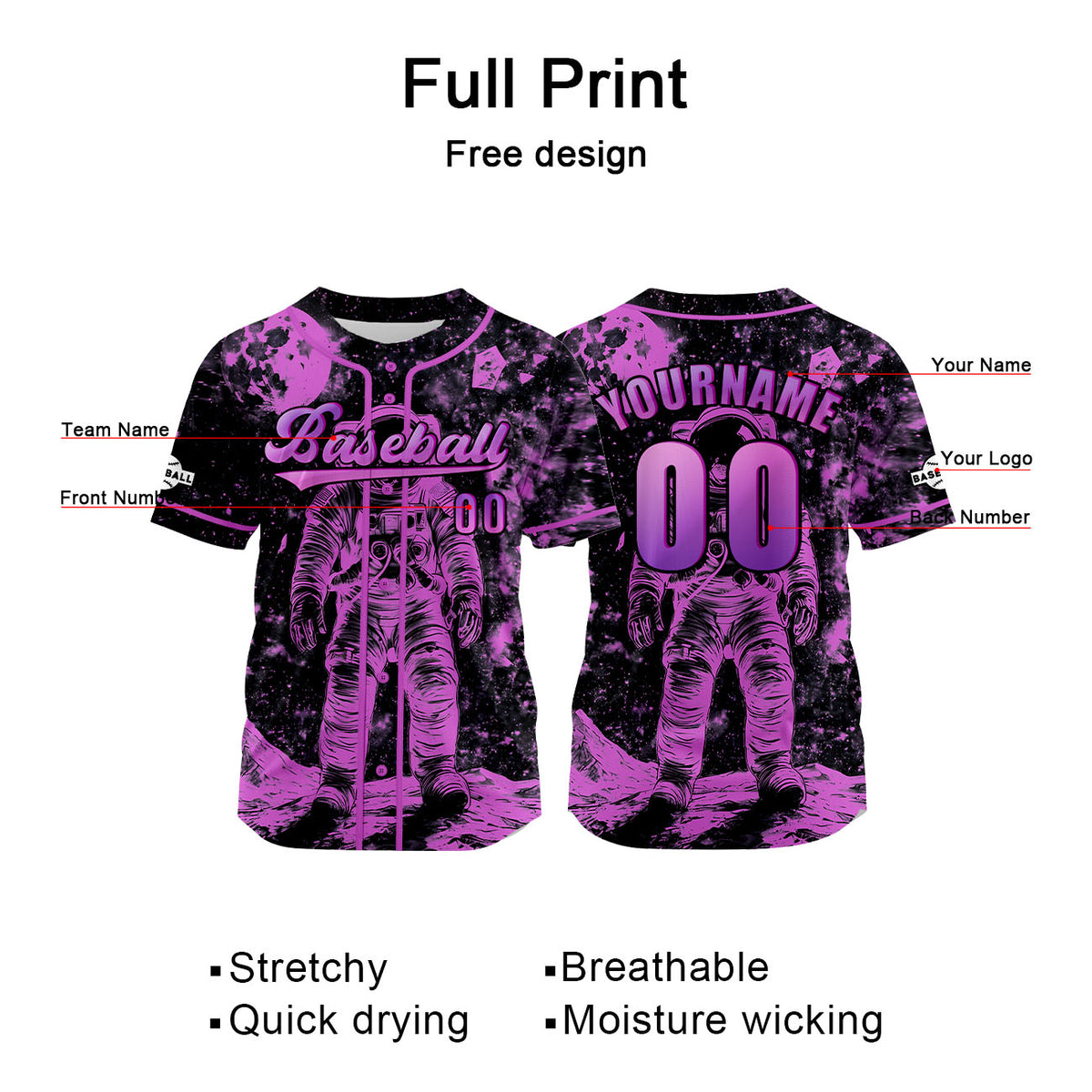 Camiseta de béisbol rosa personalizada con nombre número y logotipo personalizados