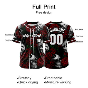 Camiseta de béisbol personalizada para hombres mujeres ni?os y jóvenes con bordados y estampado de calavera rosa y rojo