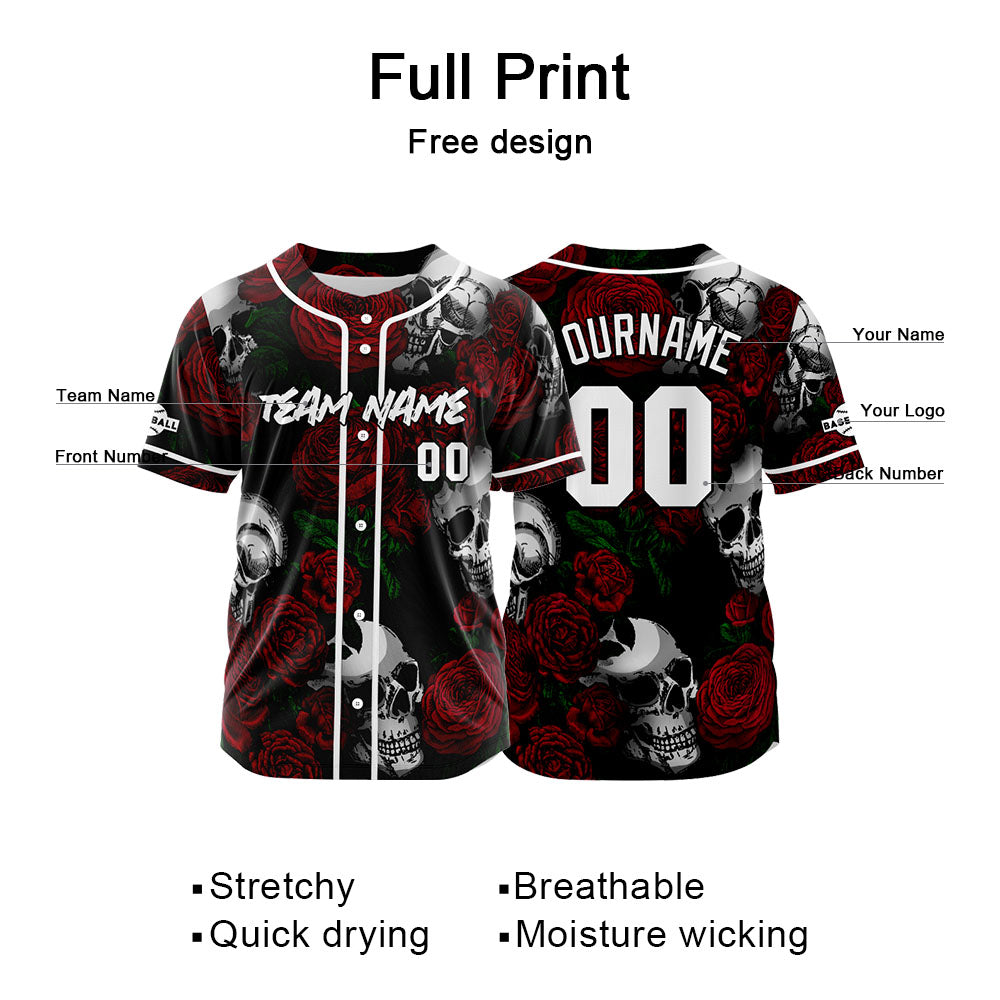 Camiseta de béisbol personalizada para hombres mujeres ni?os y jóvenes con bordados y estampado de calavera rosa y rojo